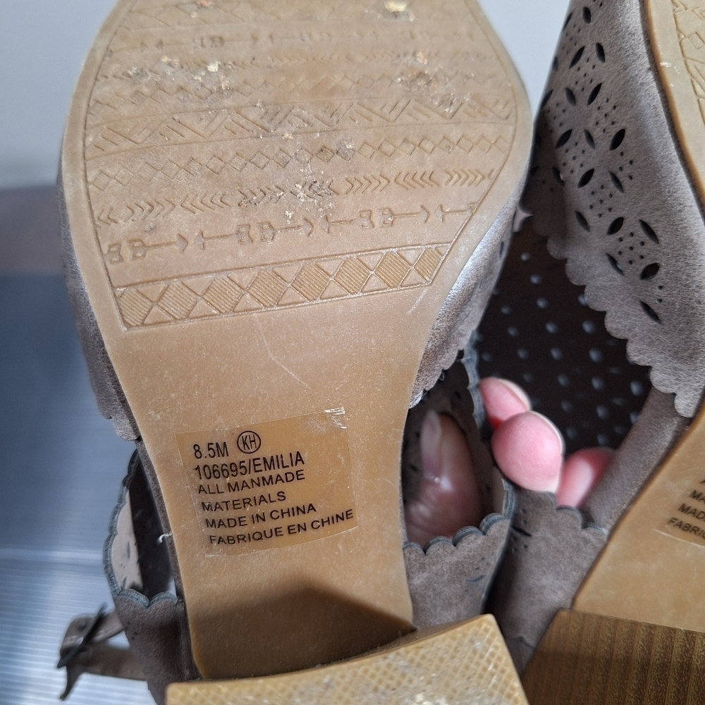 Maurices Taupe Boho Cut Out Scalloped Open Toe Slingback Stacked Heel Sandals - Picture 14 of 16